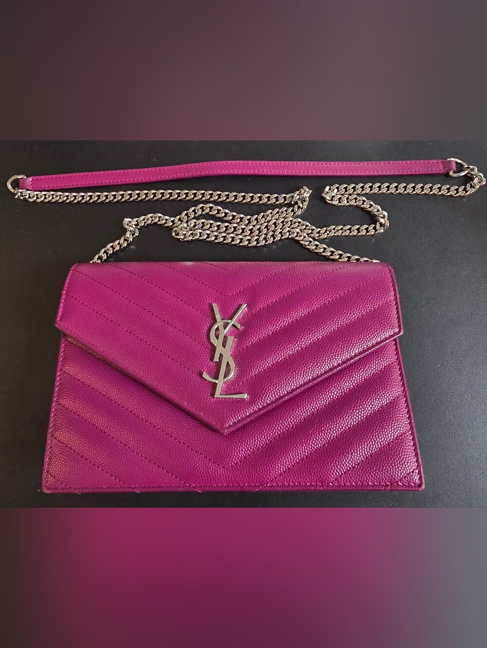 Saint Laurent Cassandre Envelope Chain Wallet Purple Leather Silver Hardware
